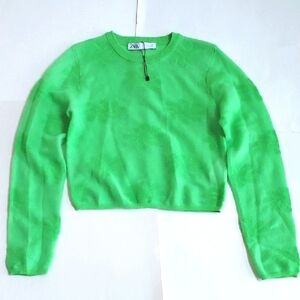 NWOT Ladies Zara Bright Green Patterned Cropped LS Crew Neck Sweater Size S